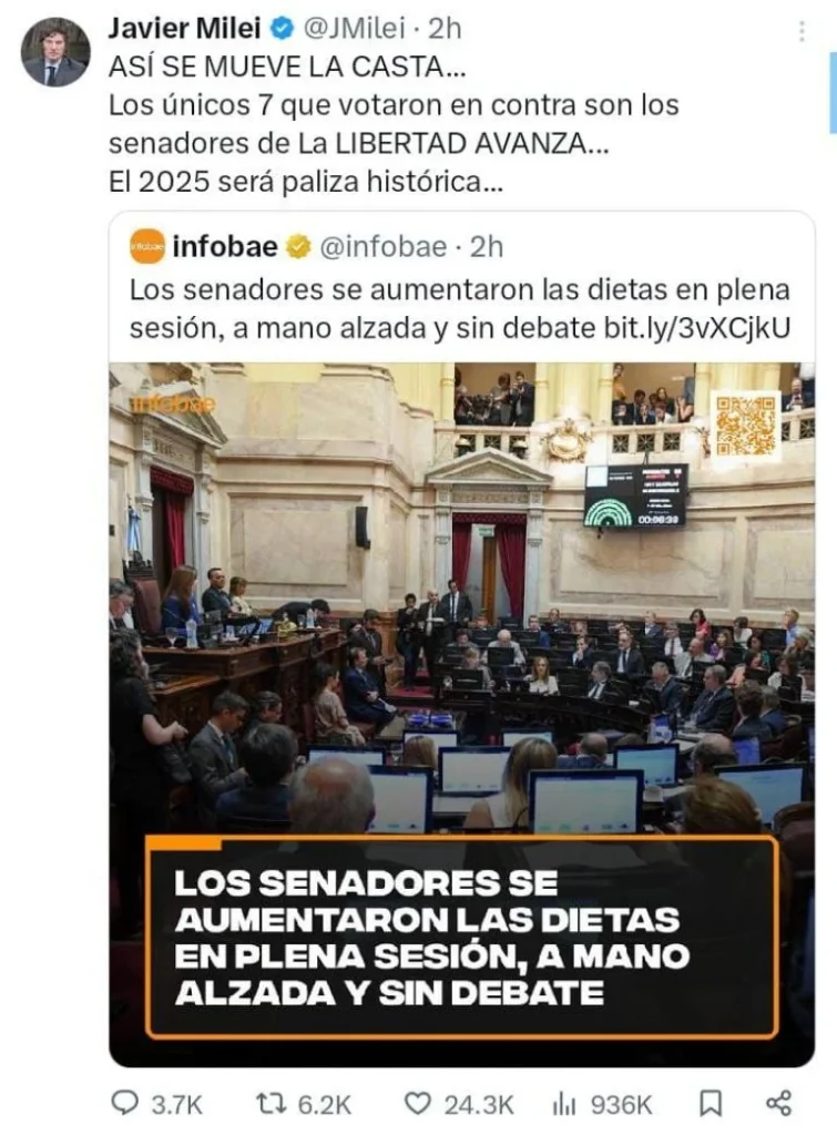 El presidente Javier Milei criticó el aumento de los senadores